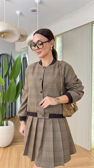 Lonewa Ekose Desenli Ceket Etek Takım