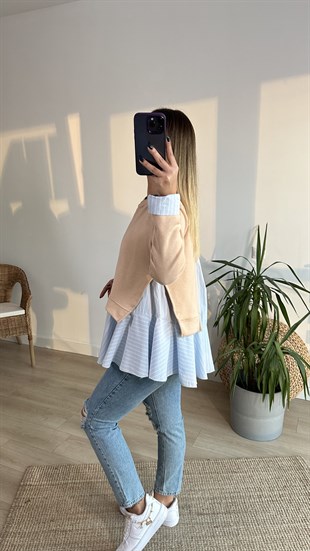 Çizgili Gömlek Detaylı Bej Sweat