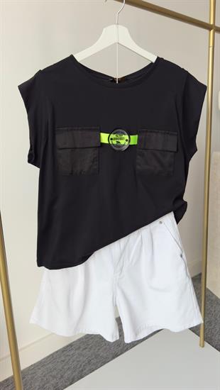 Etiket Ve Cep Detaylı Siyah Tshirt