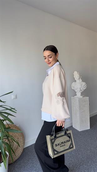 Gömlek Detaylı Kollar Aplikeli Bej Modal Sweat