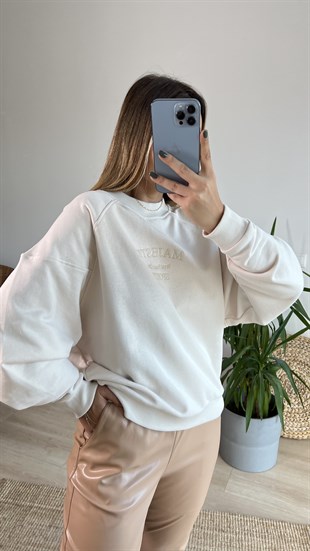  Yazı Detaylı Bej Sweat