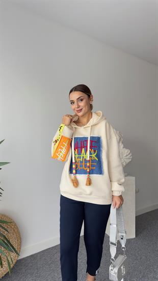 Skylar Kot Üzeri İşleme Detay Bej Sweatshirt