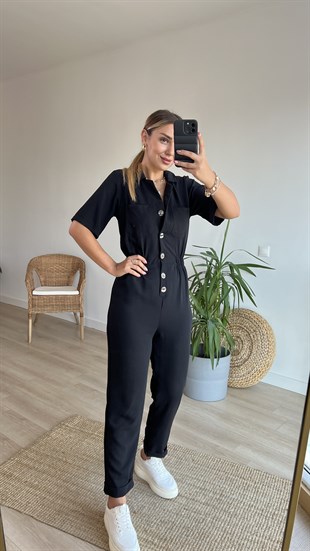 Düğme Detaylı Beli Lastikli Siyah Tulum