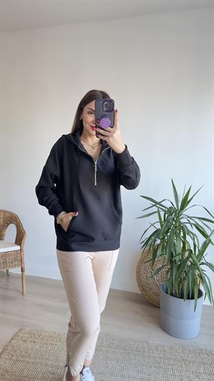 Yarım Fermuarlı Siyah Sweat