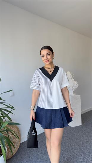 Çizgili Siyah Ribana V Yaka Tshirt