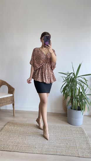 Yarasa Kol Bel Büzgülü Leopar Bluz