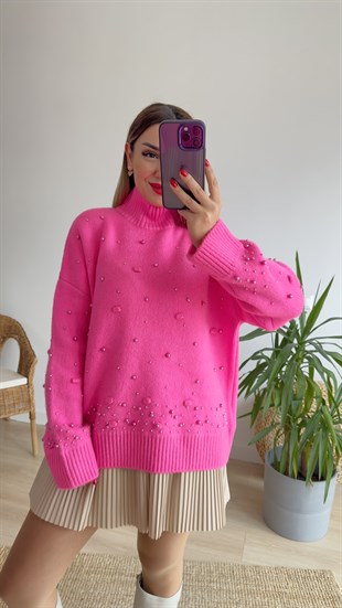 Ponponlu İncili Pembe Kazak