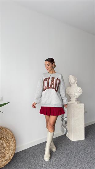 Leopar İşleme Yazı Detay Gri Sweatshirt