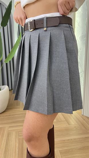 Gri Falda Bel Garnili Kemerli Şort Etek