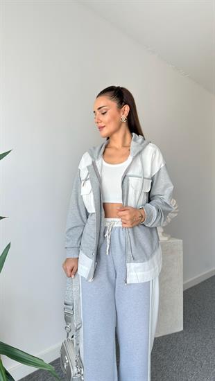 Josie Tws Model Gri Beyaz Kapüşonlu Ceket