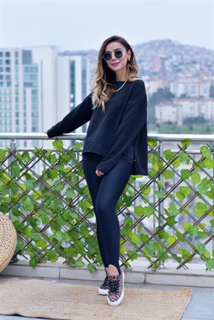 Belden Büzgülü Poplin Detaylı Siyah Sweat