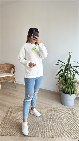 Paris Baskı Beyaz Sweatshirt
