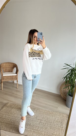 Leopar Baskı Detaylı Şardonlu Beyaz Sweat