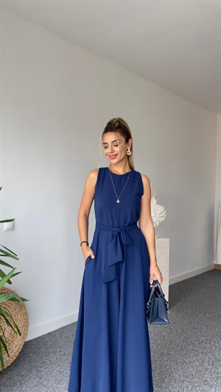 Carta Kuşaklı Lacivert Bol Paça Tulum