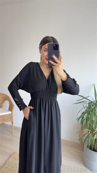 Orijinal Marka Bel Büzgülü Siyah Elbise 