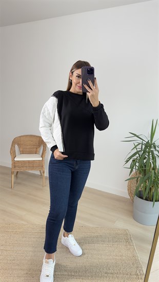 Beyaz Kapitoneli Taş Detay Siyah Sweat