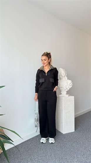 Siyah Premium Leopar Detaylı Modal Takım