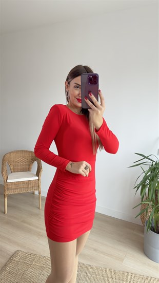 Kırmızı Büzgü Detay Elbise 
