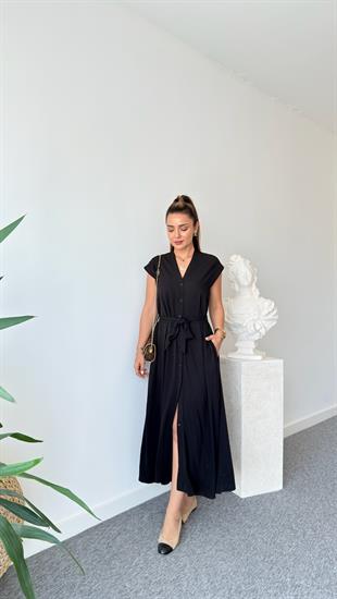 Lize Kuşaklı Basic Siyah Maxi Elbise 