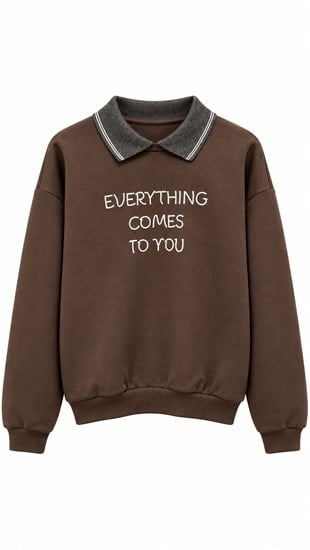 Polo Yaka Yazılı Kahve Sweatshirt