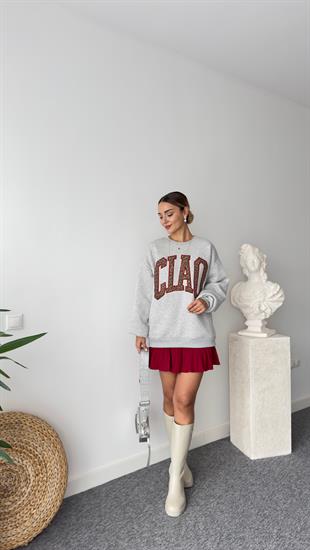 Leopar İşleme Yazı Detay Gri Sweatshirt