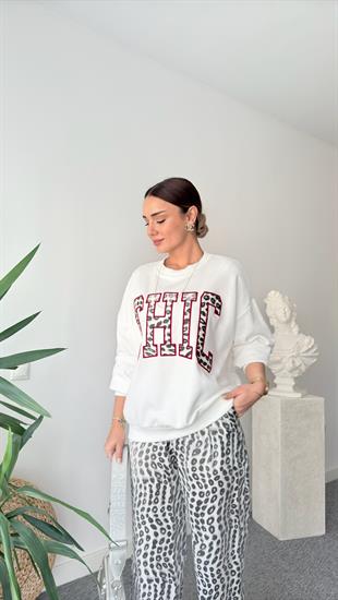 Chıc Leopar Yazılı Beyaz Sweatshirt
