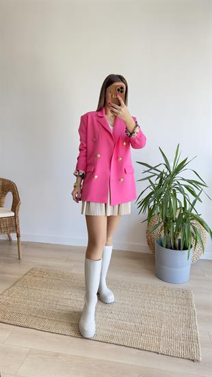 Renkli Astarlı Fuşya Blazer Ceket