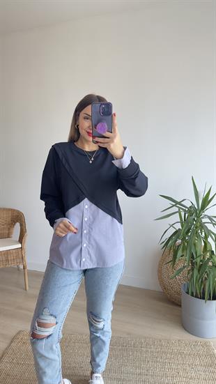 Çapraz Poplin Detay Lacivert Sweat
