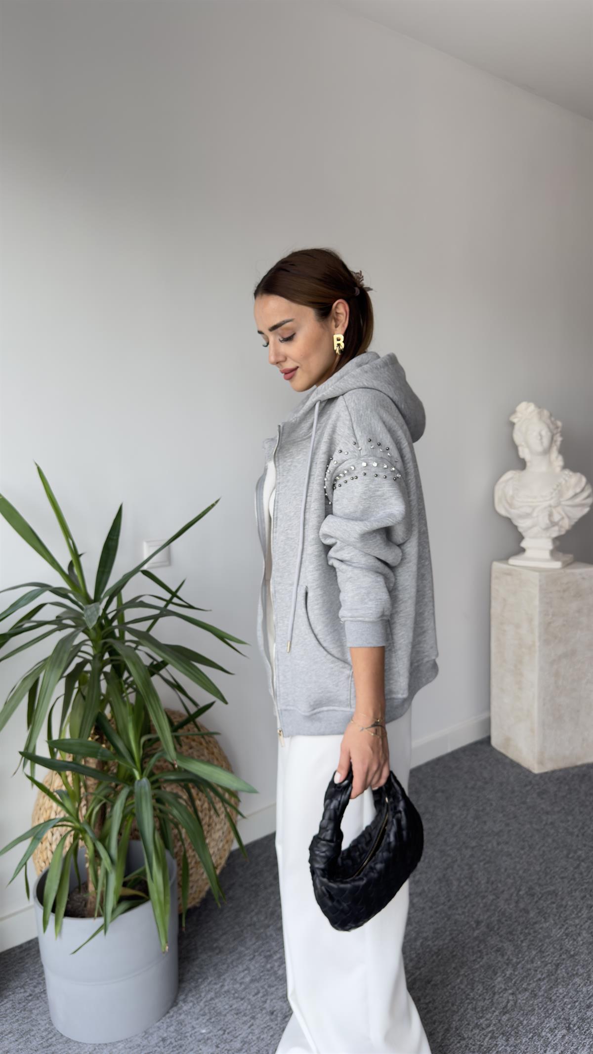 Orj Model Kolları Taşlı Gri Sweat