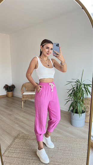 Beli Lastikli Paça Pile Detaylı Fuşya  Pantolon