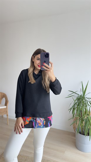 Gül Desenli Kapüşonlu Siyah Sweat