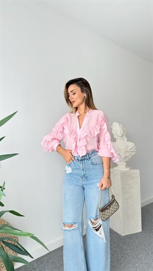 Pembe Fırfırlı Taş Detaylı Gömlek