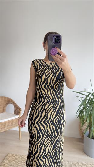 Bej Zebra Desen Yırtmaçlı Elbise