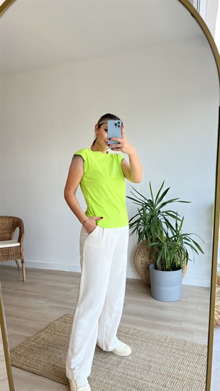 Kolu Zincir Detaylı Vatkalı Neon Yeşil Tshirt