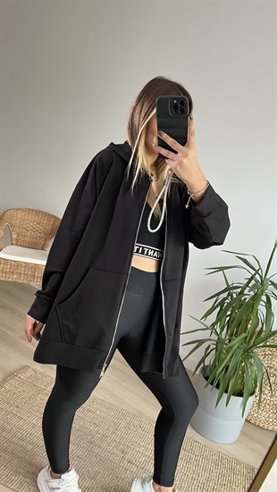 Yanları Yırtmaçlı Oversize Siyah Sweat