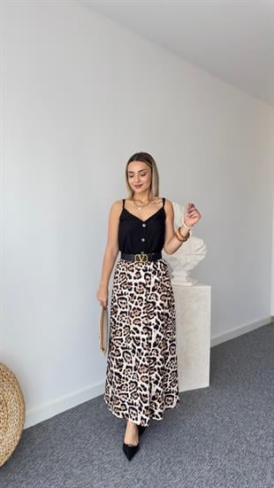 Leopar Desenli Poplin Etek