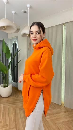 Turuncu Wels Yan Fermuarlı Şardonlu Sweatshirt