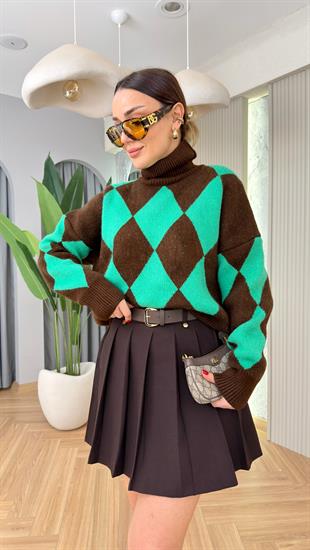 Boğazlı Yeşil Kahve Baklava Desenli Kazak