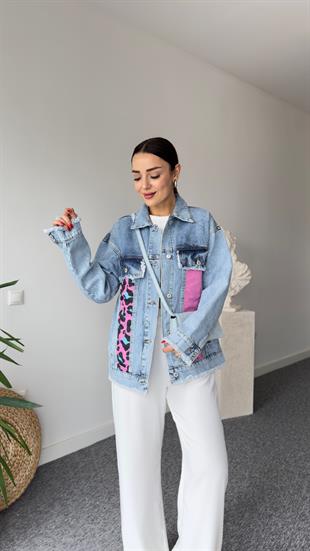 Lera Pembe Leopar Detaylı Tasarım Jean Ceket