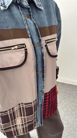 Mavi Ekose Mix Tasarım Denim Ceket