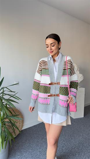 Deri Kemer Detay Yeşil Tasarım Hırka