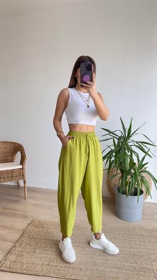 Beli Lastikli Yeşil Şalvar Pantolon