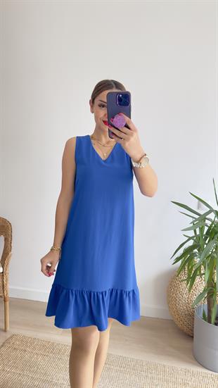 Vita V Yaka Kolsuz Mavi Basic Elbise 