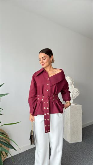 Dianes Marka Model Kemerli Tasarım Bordo Gömlek 