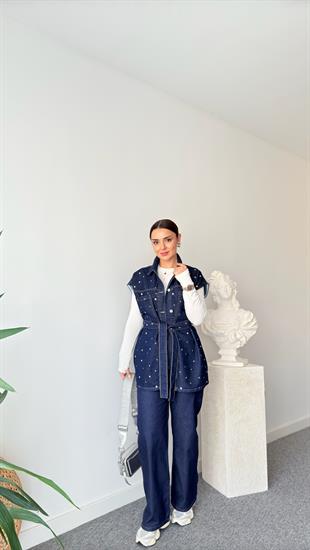 Sila Lacivert Zımbalı Yelek Pantolon Takım