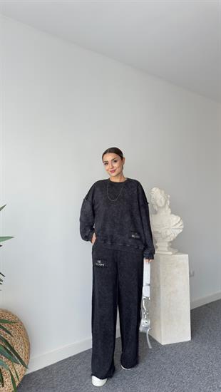 Taş Yazı Detaylı Yıkamalı Antrasit Eşofman Takımı