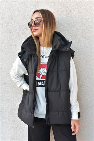 Siyah Oversize Kapüşonlu Yelek