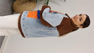 Kahve Denim Mix Turuncu Detay Peluş Mont 