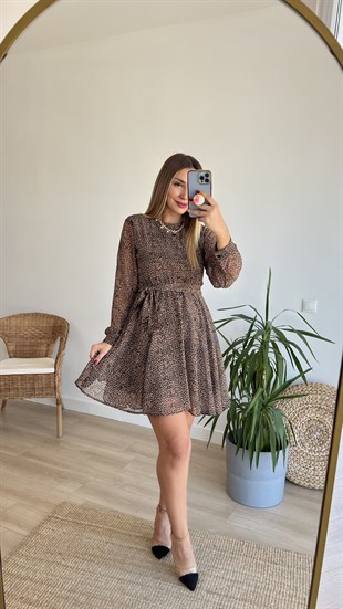 Beli Lastikli Leopar Desen Kuşaklı Şifon Elbise 