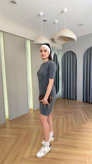 Gri Kısa Kol Triko Elbise 